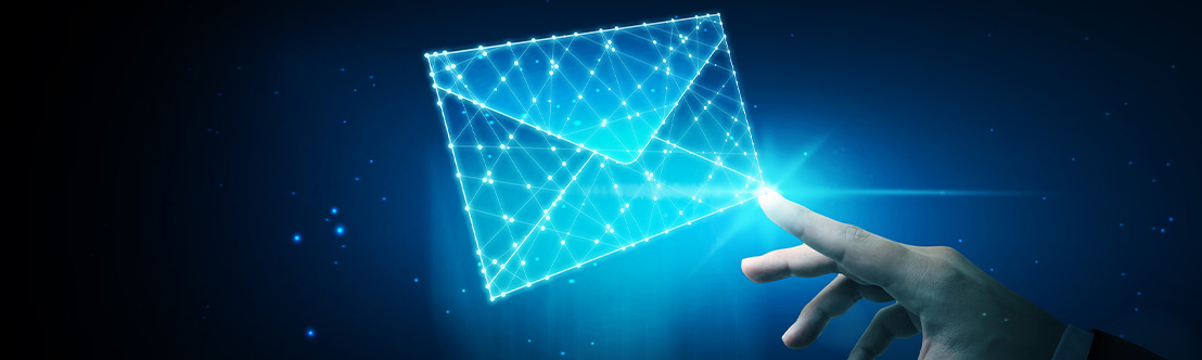 A stylized illustration of a hand reaching for an envelope made of light