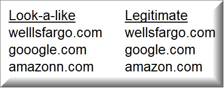 A graphic showing examples of typosquatting, where extra letters are inserted into popular web site addresses