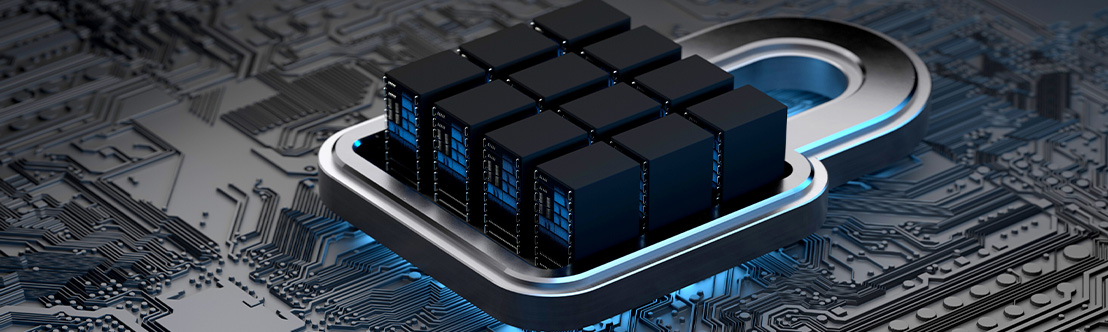 An illustration of a lock made out of servers floating above a microchip