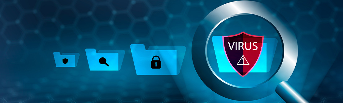 A stylized illustration of a magnifying glass highlighting a virus-infected folder