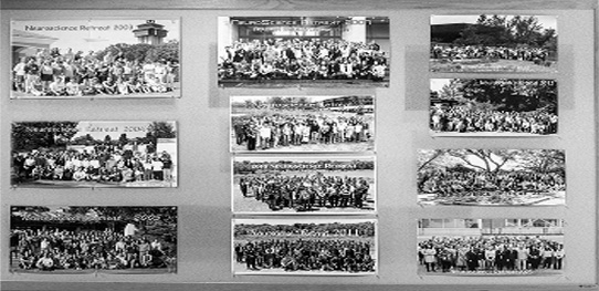 A black and white grid of photos
