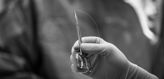 Surgical scissors in a black and white photo