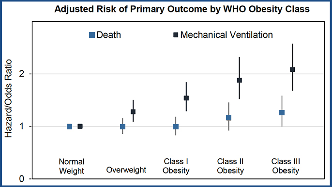 A chart showing the adjusted risk of primary outcome by WHO Obesity class