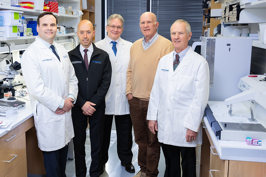 UT&nbsp;Southwestern researchers (l-r) Kevin Courtney, M.D., Ph.D.; James Brugarolas, M.D., Ph.D.; Richard Bruick, Ph.D.; Steven McKnight, Ph.D.; and David Russell, Ph.D.