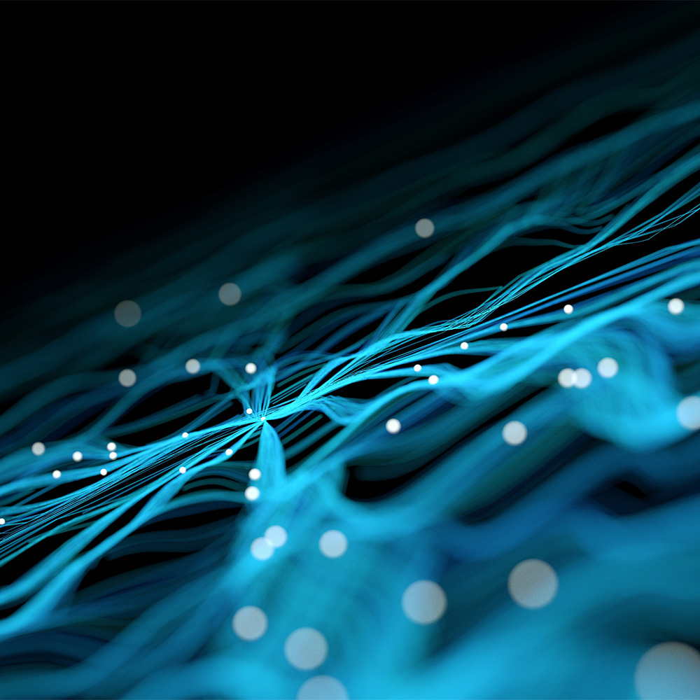 Decorative image containing illuminated blue fibers