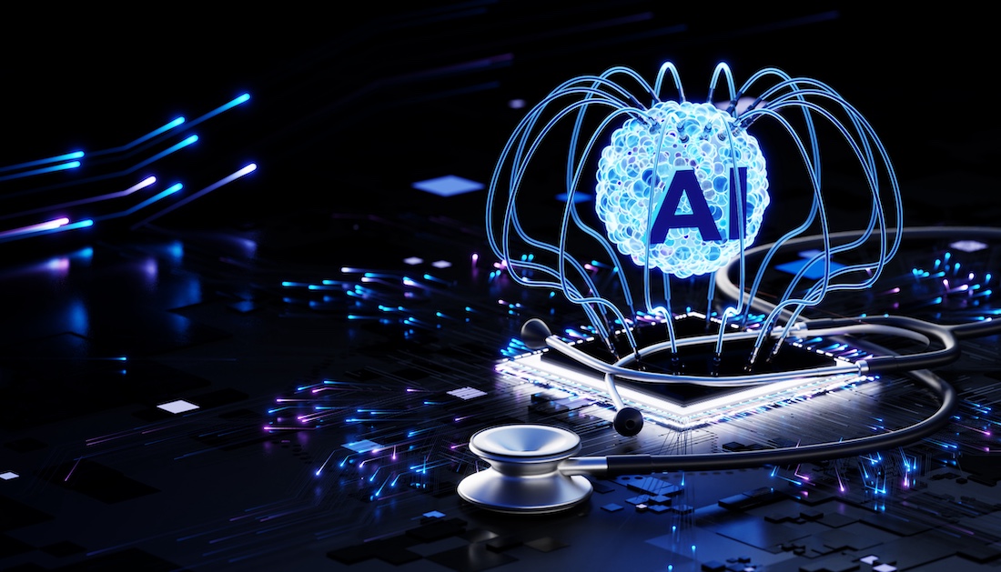 A glowing AI symbol hovers above a detailed CPU and circuit board, connected by intricate pathways of light. 