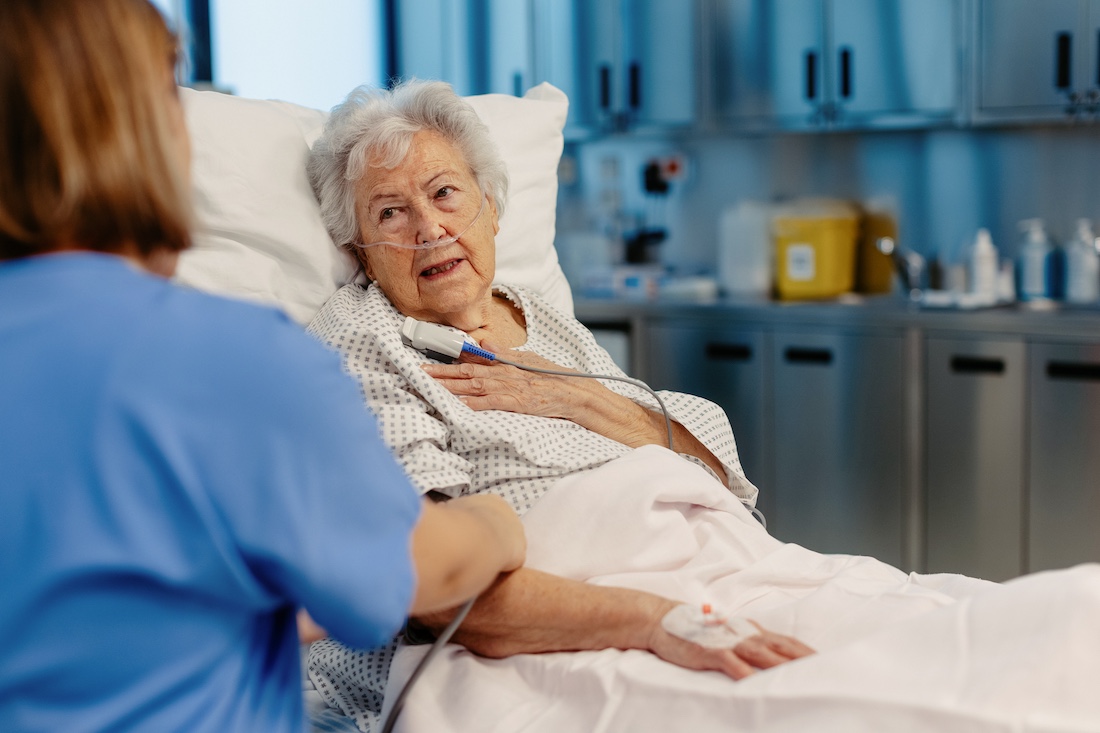  Senior patient feeling pain on chest, heart attack symptoms for elderly woman. 