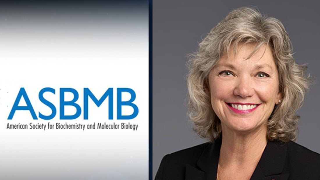 ASBMB logo on left, headshot of blond woman Kim Orth on right
