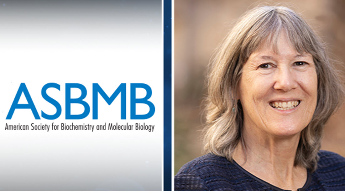 ASBMB logo on left, smiling blond woman Margaret Phillips on right
