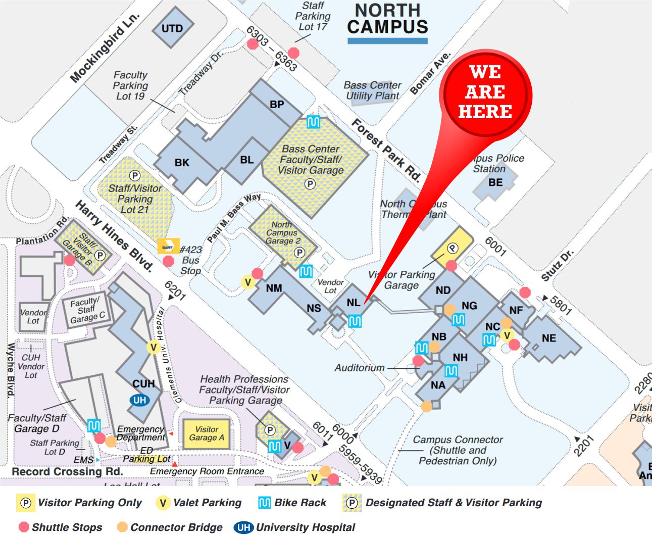 Campus Map showing our location off of Harry Hines Boulevard