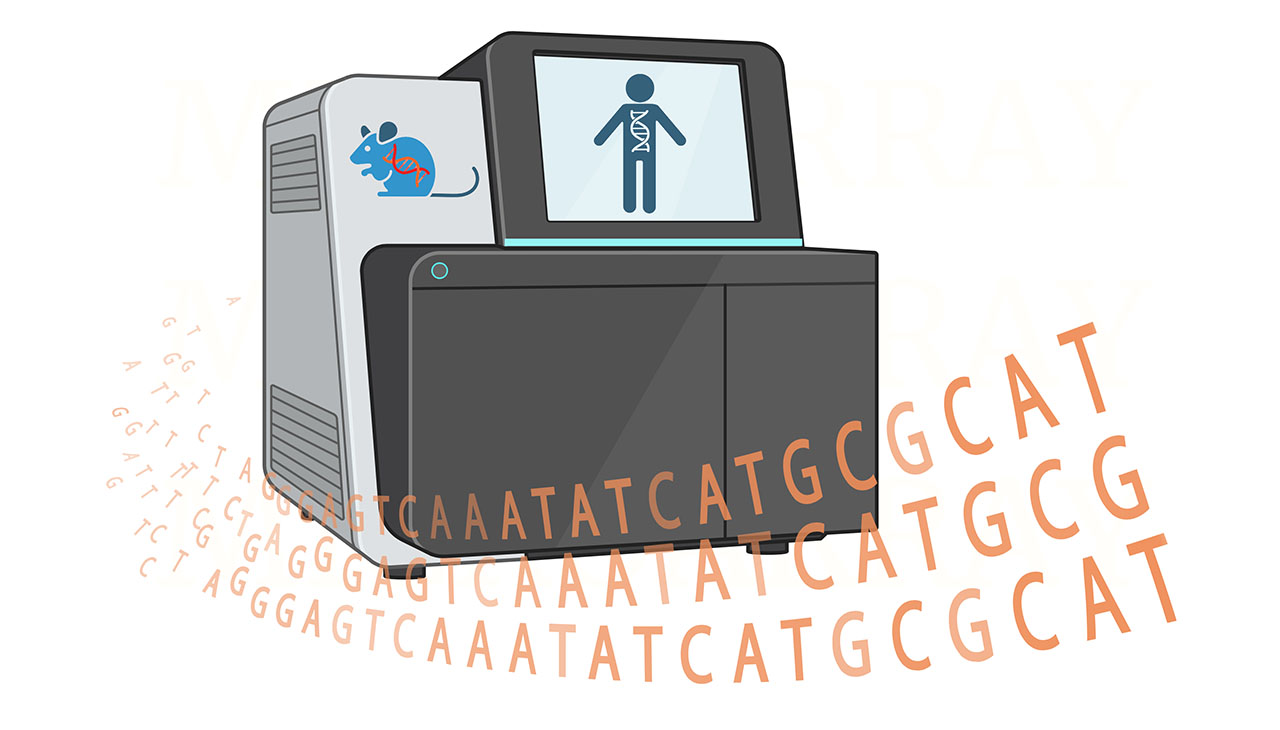 An illustration of a medical device with a screen showing an icon of a human, with a DNA symbol. The letters C A T G repeat in differing patterns in the air around the machine.