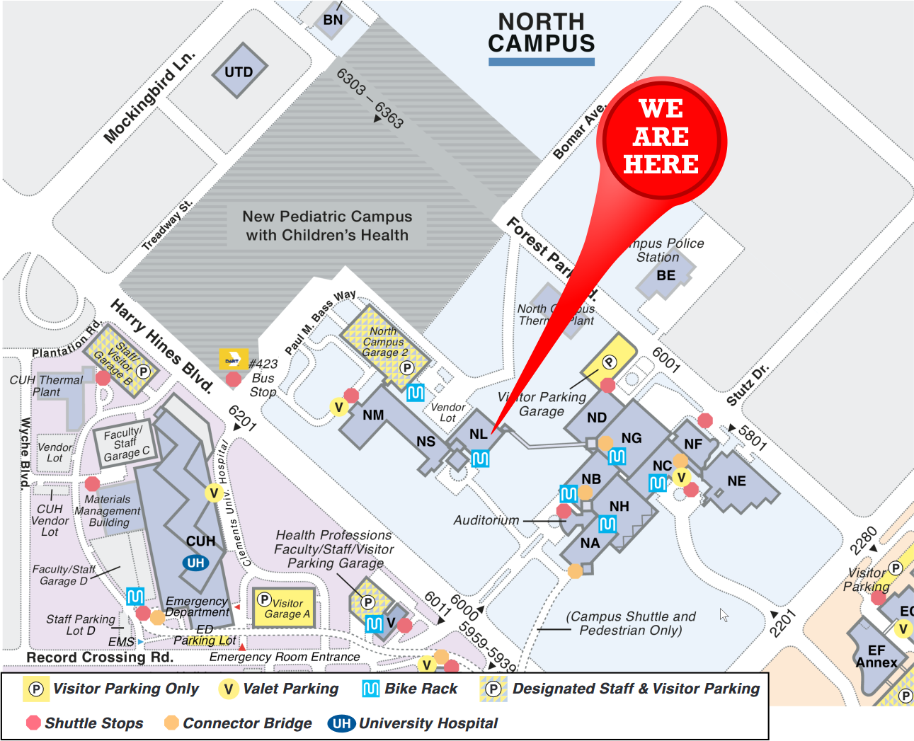 Campus map showing the location of the Quantitative Light Microscopy Core off Harry Hines Boulevard